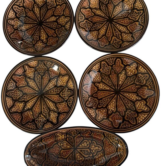 Le Souk Ceramique Tunisia Plate Set Brown Honey Design Pottery Dessert Set Of 5 - Picture 1 of 16